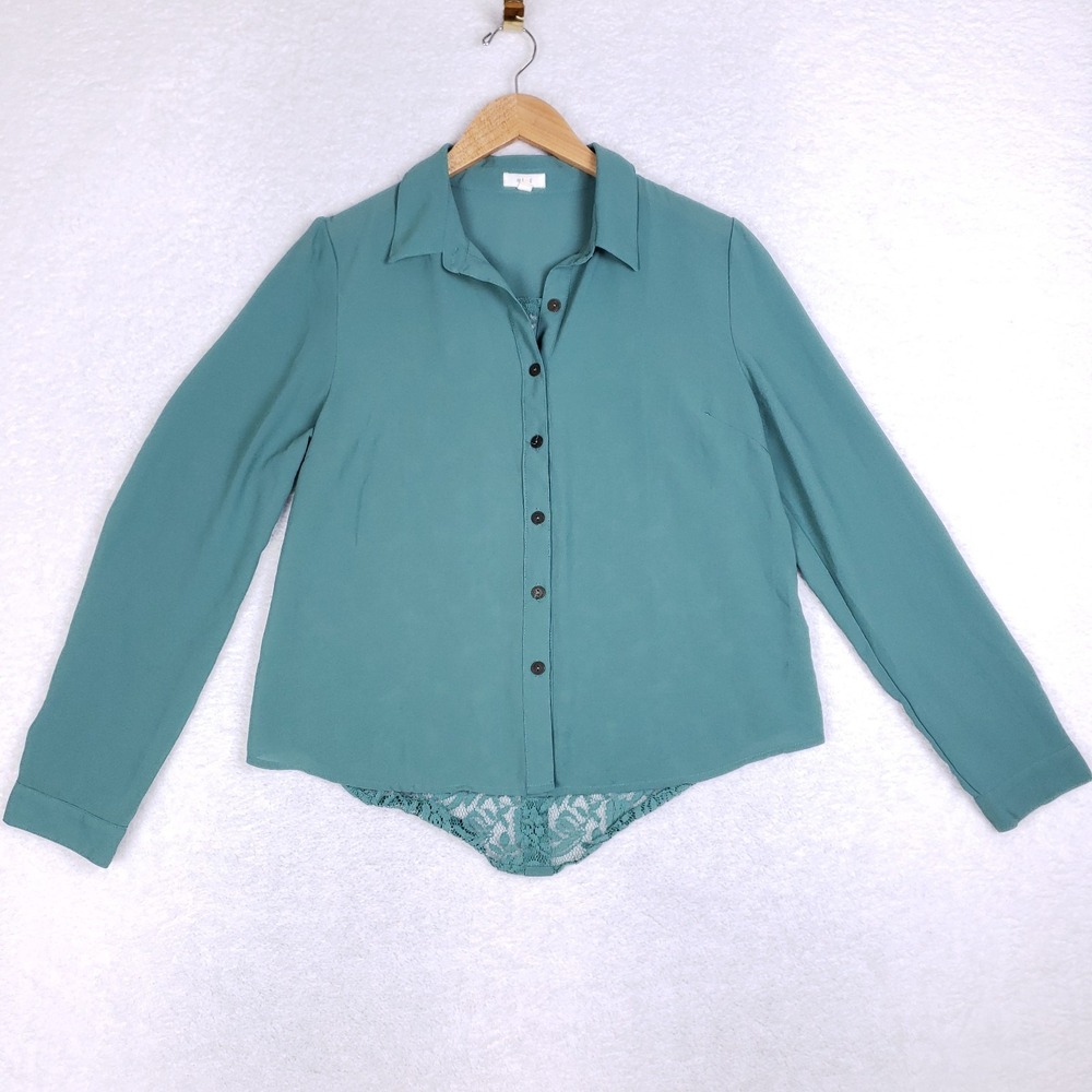 MINE Teal‎ Green Lace Back Blouse L Button Up Long Sleeve Sheer Detail Top